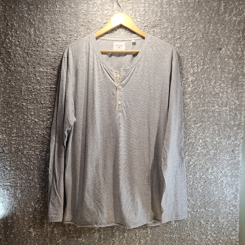 Billy Reid Henley Shirt Mens XXL Gray Long Sleeve Raw Hem Cotton Blend
